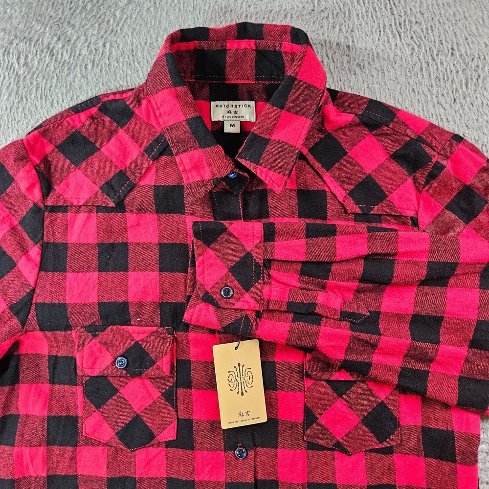 NWT - Matchstick Shirt Men Medium Cotton Button Up Long Sleeve Red Black Plaid‎